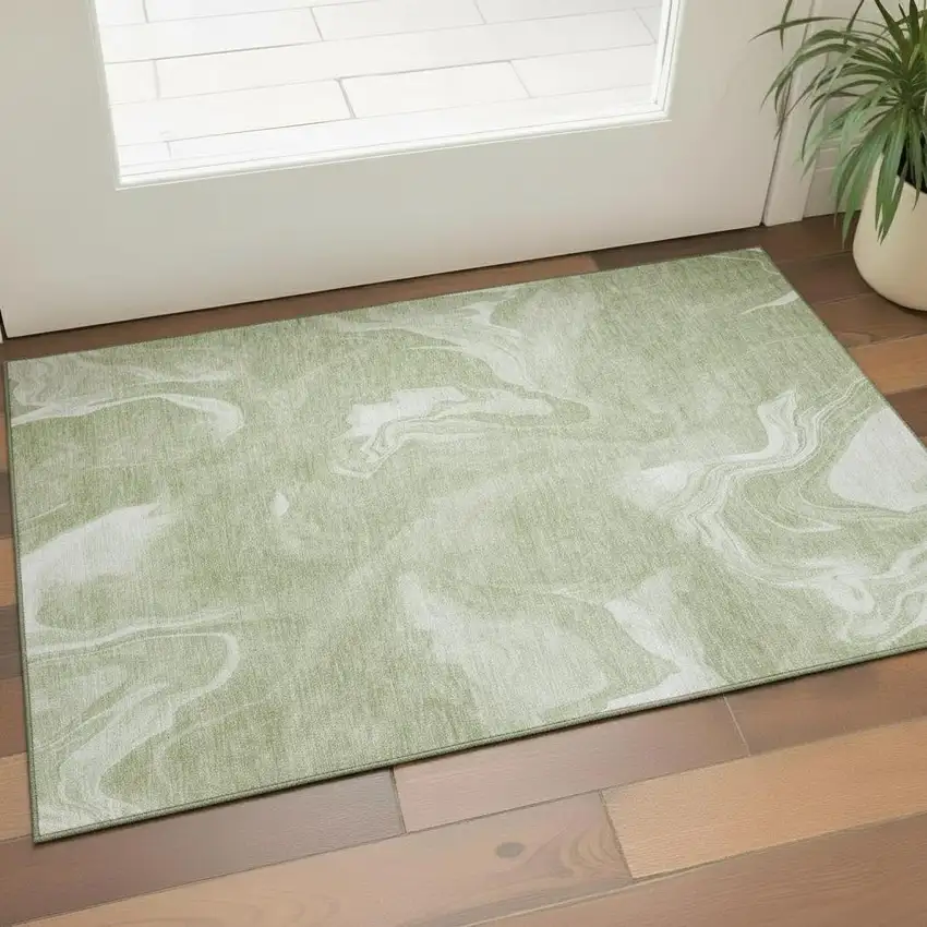 Artichoke Green And Ivory Abstract Washable Area Rug With UV Protection Photo 1