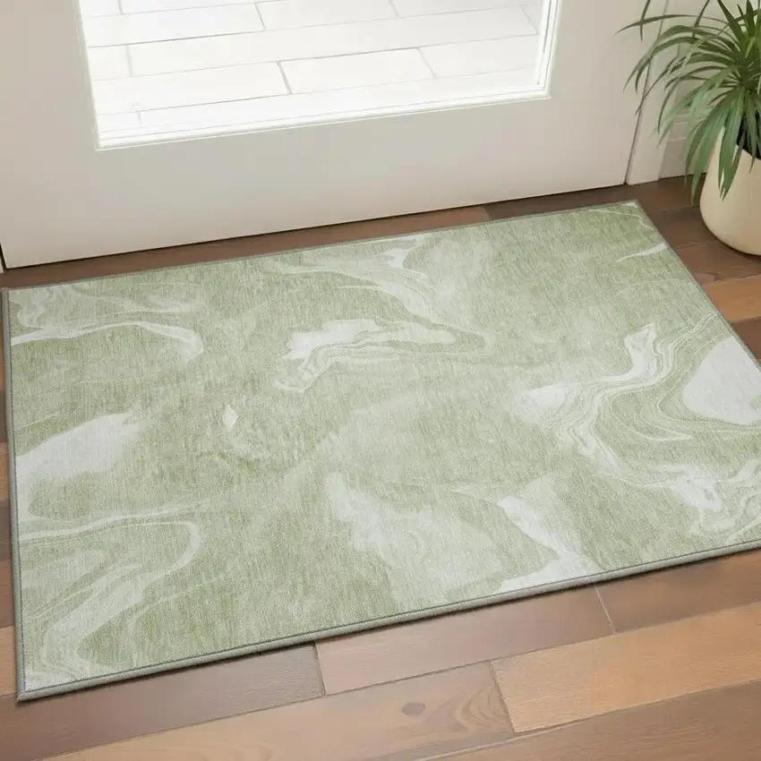 Artichoke Green And Ivory Abstract Washable Area Rug With UV Protection Photo 2
