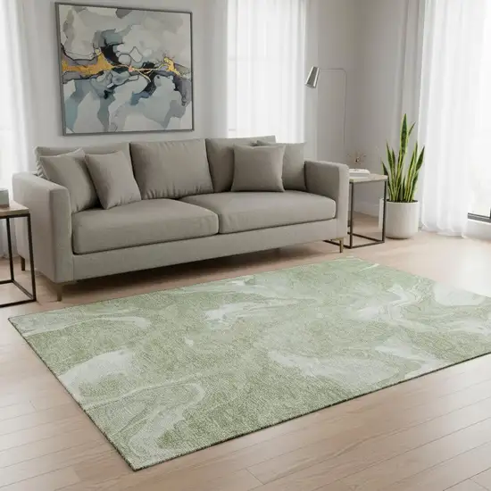 Artichoke Green And Ivory Abstract Washable Area Rug With UV Protection Photo 2