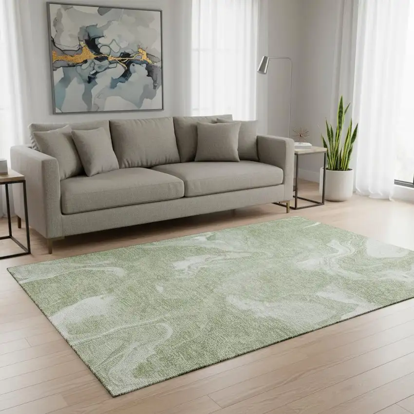 Artichoke Green And Ivory Abstract Washable Area Rug With UV Protection Photo 2