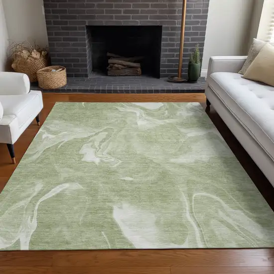 Artichoke Green And Ivory Abstract Washable Area Rug With UV Protection Photo 5