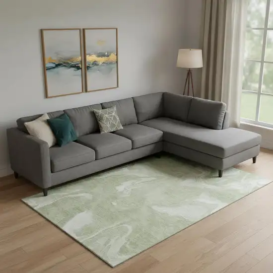 Artichoke Green And Ivory Abstract Washable Area Rug With UV Protection Photo 1