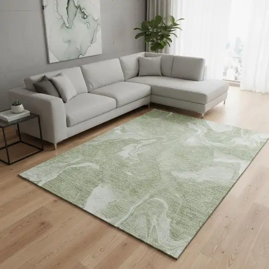 Artichoke Green And Ivory Abstract Washable Area Rug With UV Protection Photo 2