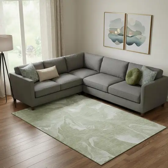 Artichoke Green And Ivory Abstract Washable Area Rug With UV Protection Photo 1