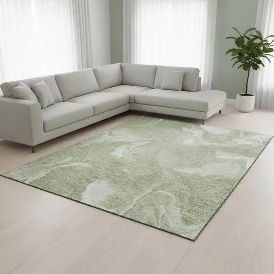 Artichoke Green And Ivory Abstract Washable Area Rug With UV Protection Photo 2
