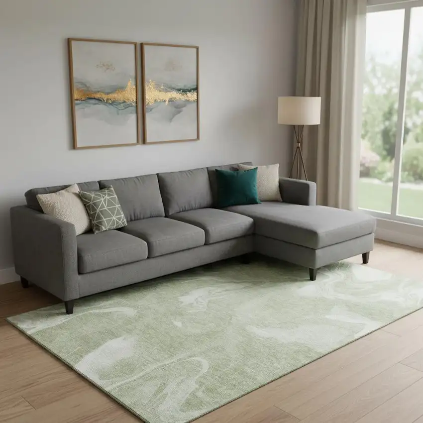 Artichoke Green And Ivory Abstract Washable Area Rug With UV Protection Photo 1