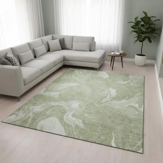 Artichoke Green And Ivory Abstract Washable Area Rug With UV Protection Photo 2