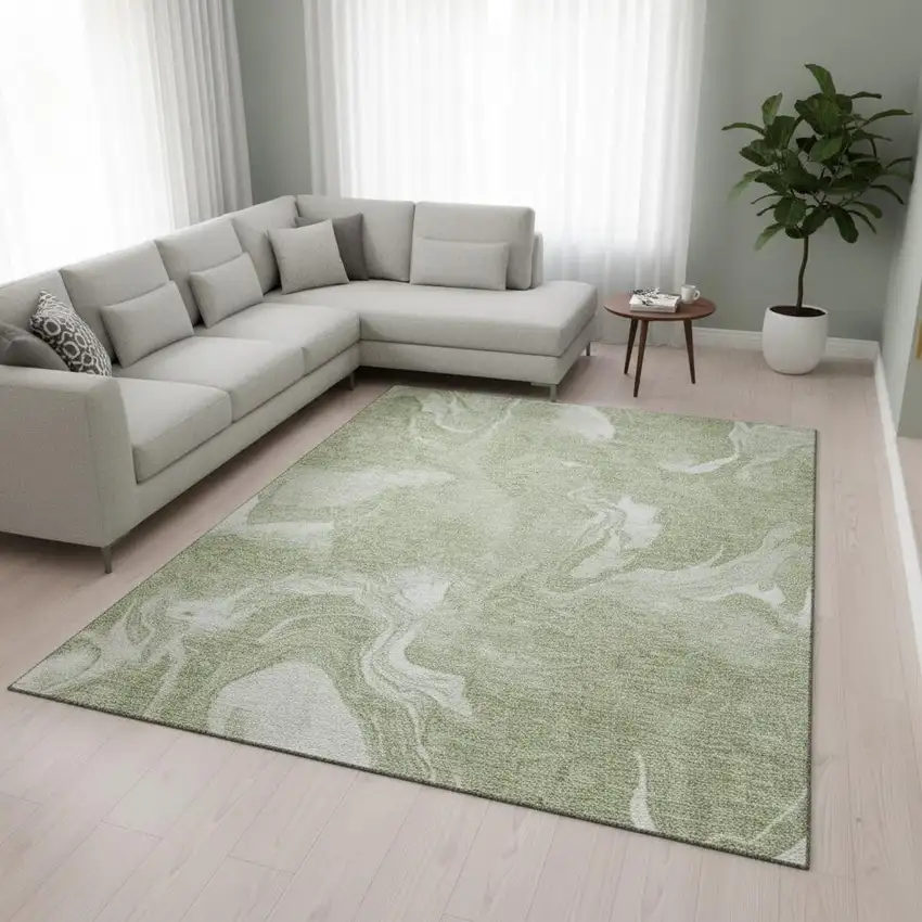 Artichoke Green And Ivory Abstract Washable Area Rug With UV Protection Photo 2