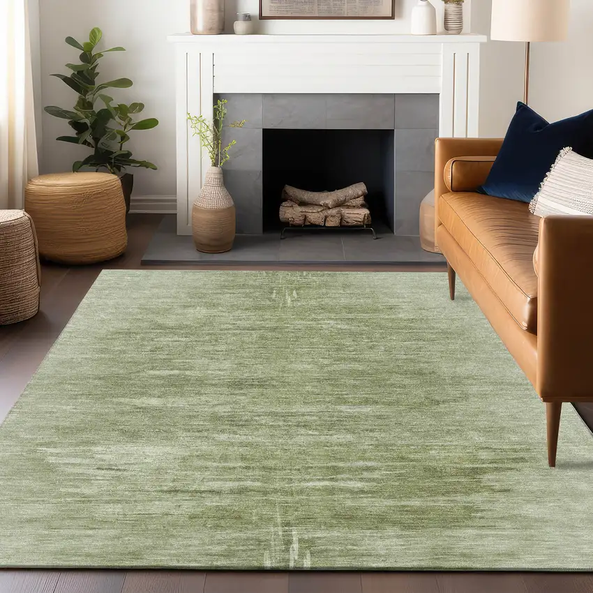 Artichoke Green And Ivory Abstract Washable Area Rug With UV Protection Photo 6