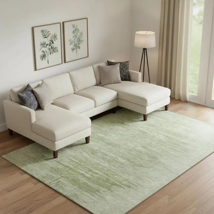 Artichoke Green And Ivory Abstract Washable Area Rug With UV Protection Photo 1