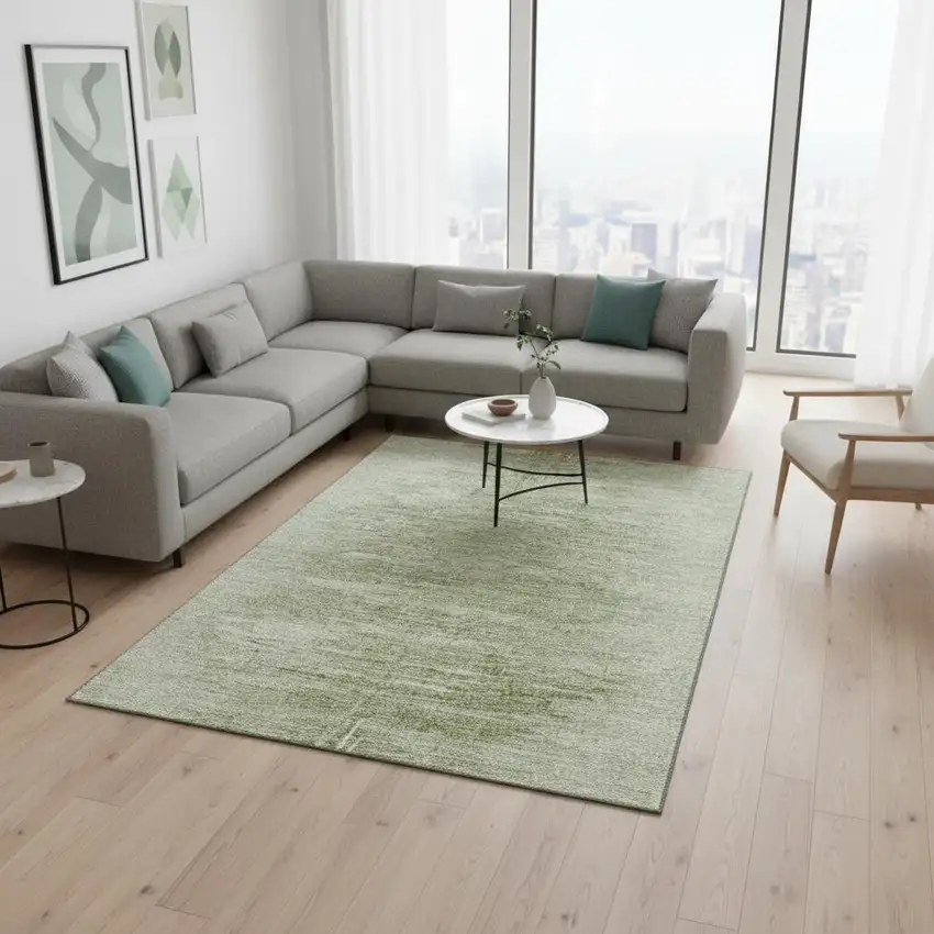 Artichoke Green And Ivory Abstract Washable Area Rug With UV Protection Photo 2