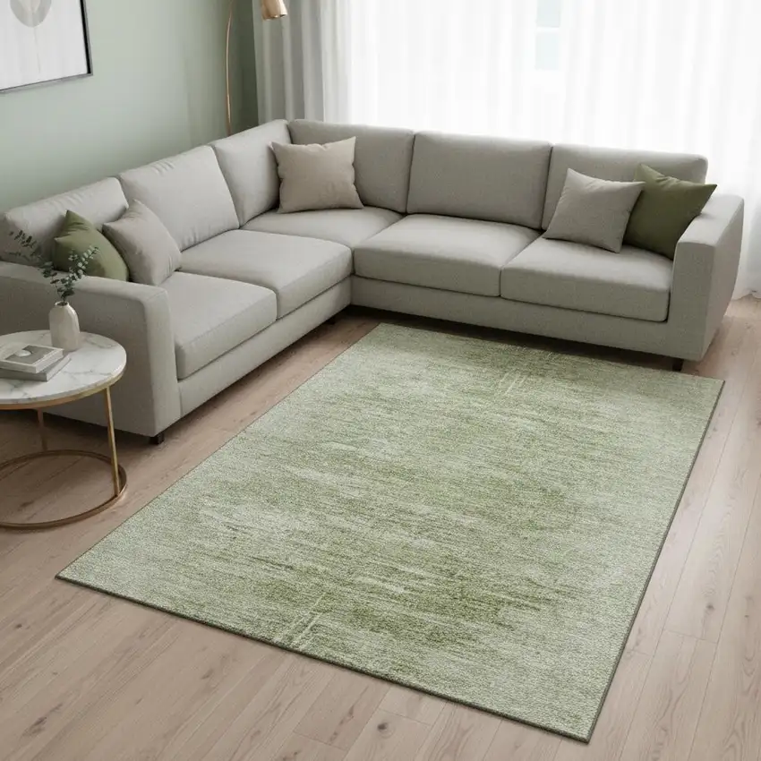 Artichoke Green And Ivory Abstract Washable Area Rug With UV Protection Photo 2