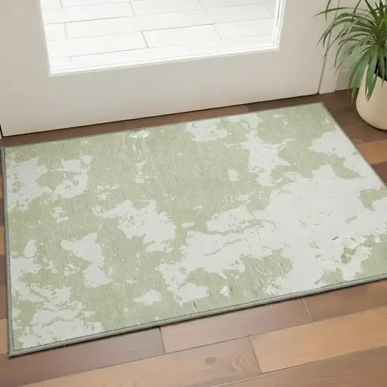 Artichoke Green And Ivory Abstract Washable Area Rug With UV Protection Photo 2