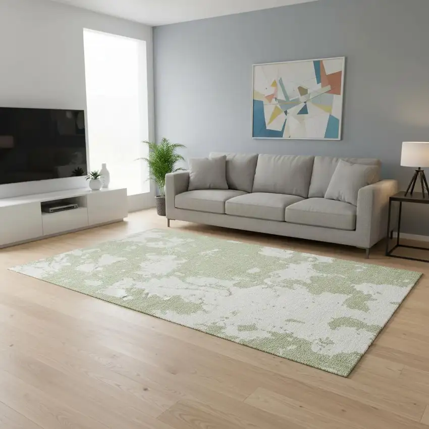 Artichoke Green And Ivory Abstract Washable Area Rug With UV Protection Photo 2