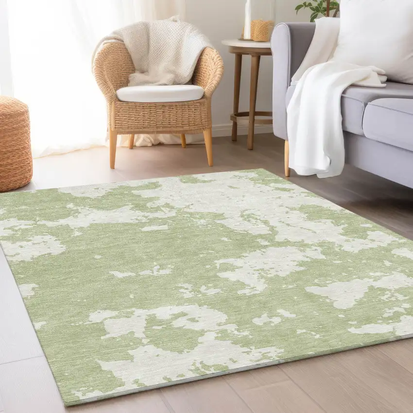 Artichoke Green And Ivory Abstract Washable Area Rug With UV Protection Photo 5