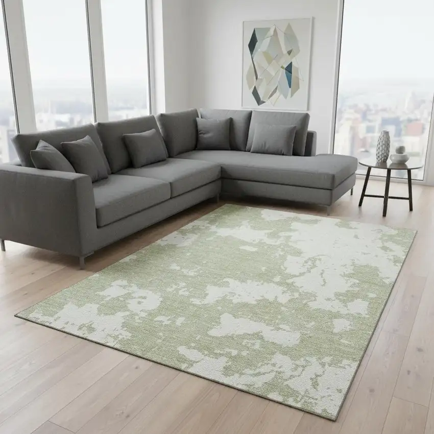 Artichoke Green And Ivory Abstract Washable Area Rug With UV Protection Photo 2