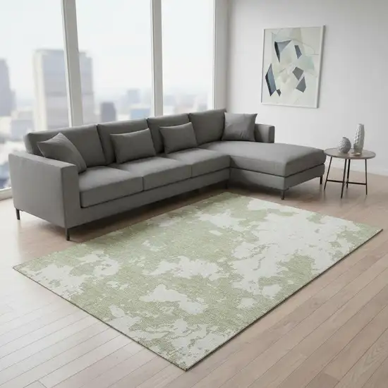 Artichoke Green And Ivory Abstract Washable Area Rug With UV Protection Photo 2