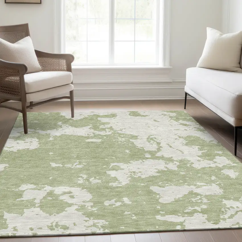 Artichoke Green And Ivory Abstract Washable Area Rug With UV Protection Photo 6
