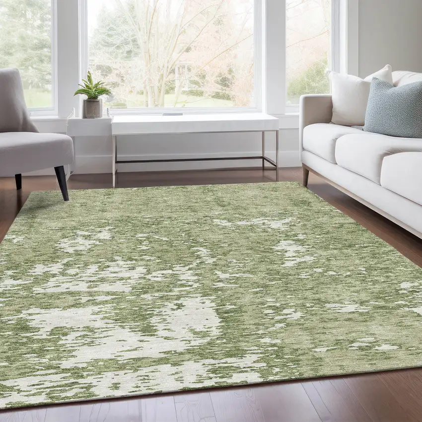 Artichoke Green And Ivory Abstract Washable Area Rug With UV Protection Photo 5