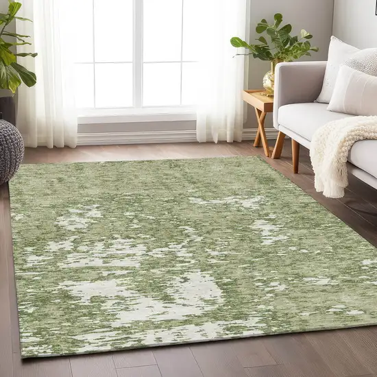 Artichoke Green And Ivory Abstract Washable Area Rug With UV Protection Photo 5
