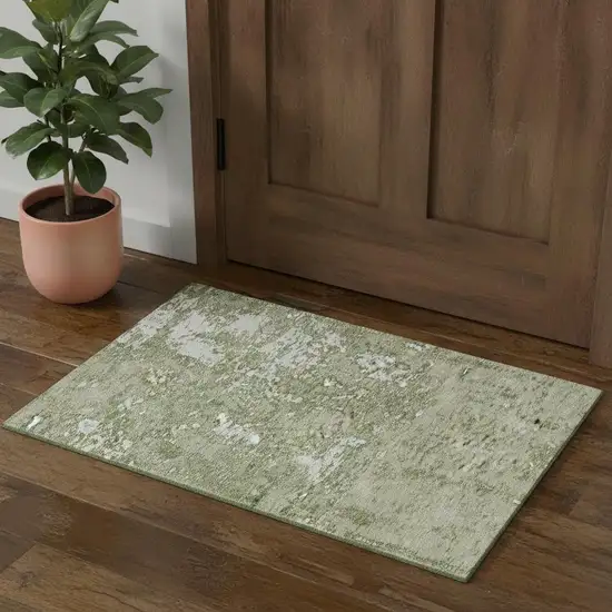 Artichoke Green And Ivory Abstract Washable Area Rug With UV Protection Photo 1