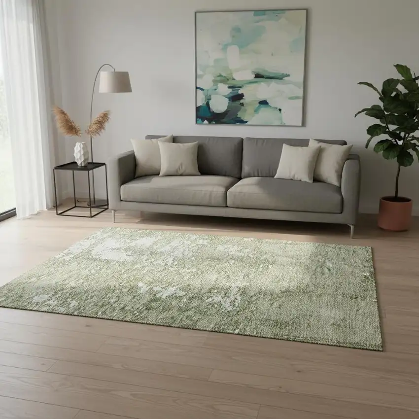 Artichoke Green And Ivory Abstract Washable Area Rug With UV Protection Photo 2