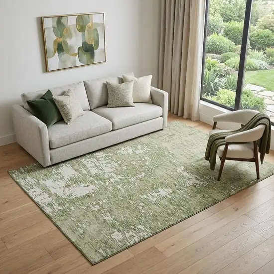 Artichoke Green And Ivory Abstract Washable Area Rug With UV Protection Photo 1