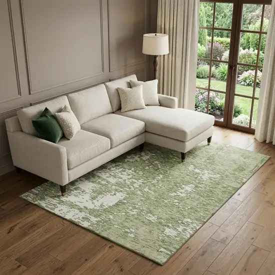 Artichoke Green And Ivory Abstract Washable Area Rug With UV Protection Photo 1