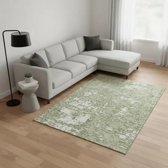 Artichoke Green And Ivory Abstract Washable Area Rug With UV Protection Photo 2