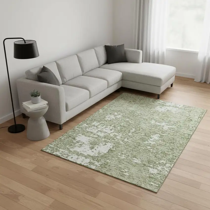 Artichoke Green And Ivory Abstract Washable Area Rug With UV Protection Photo 2