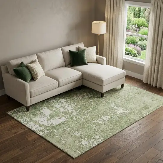 Artichoke Green And Ivory Abstract Washable Area Rug With UV Protection Photo 1