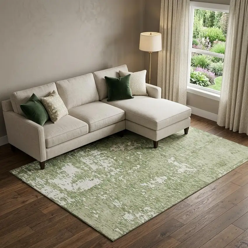 Artichoke Green And Ivory Abstract Washable Area Rug With UV Protection Photo 1