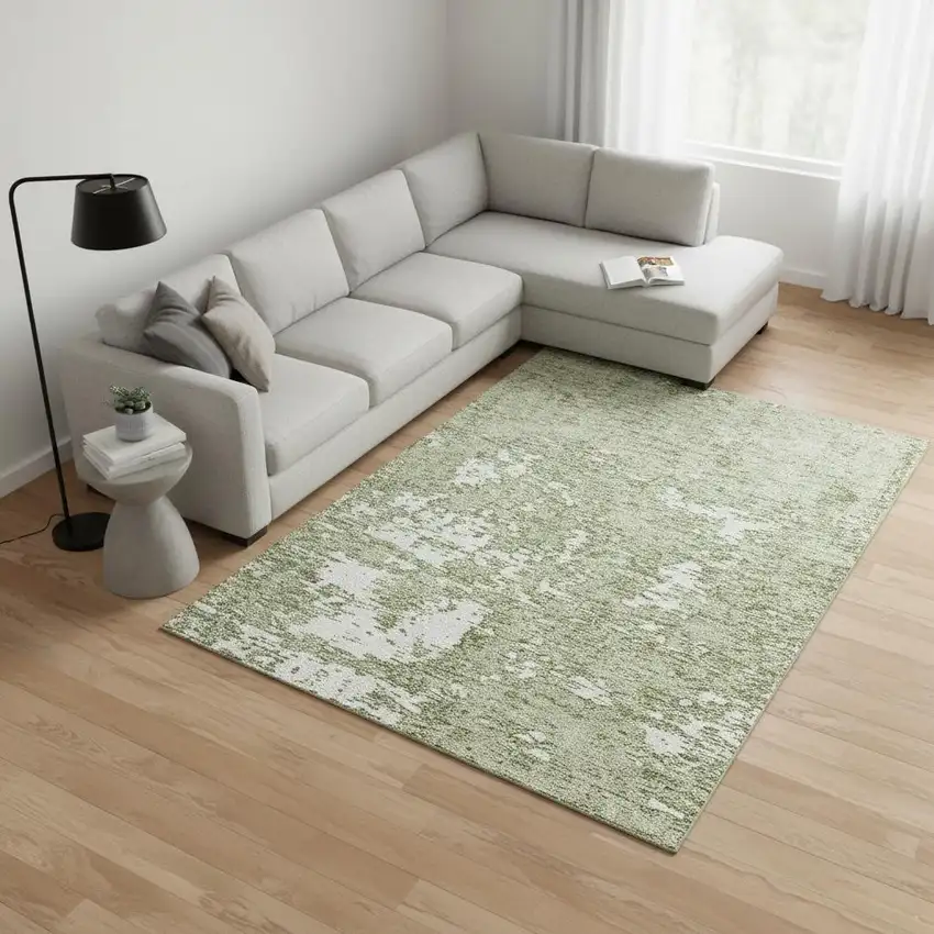 Artichoke Green And Ivory Abstract Washable Area Rug With UV Protection Photo 2