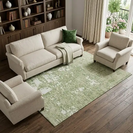 Artichoke Green And Ivory Abstract Washable Area Rug With UV Protection Photo 1