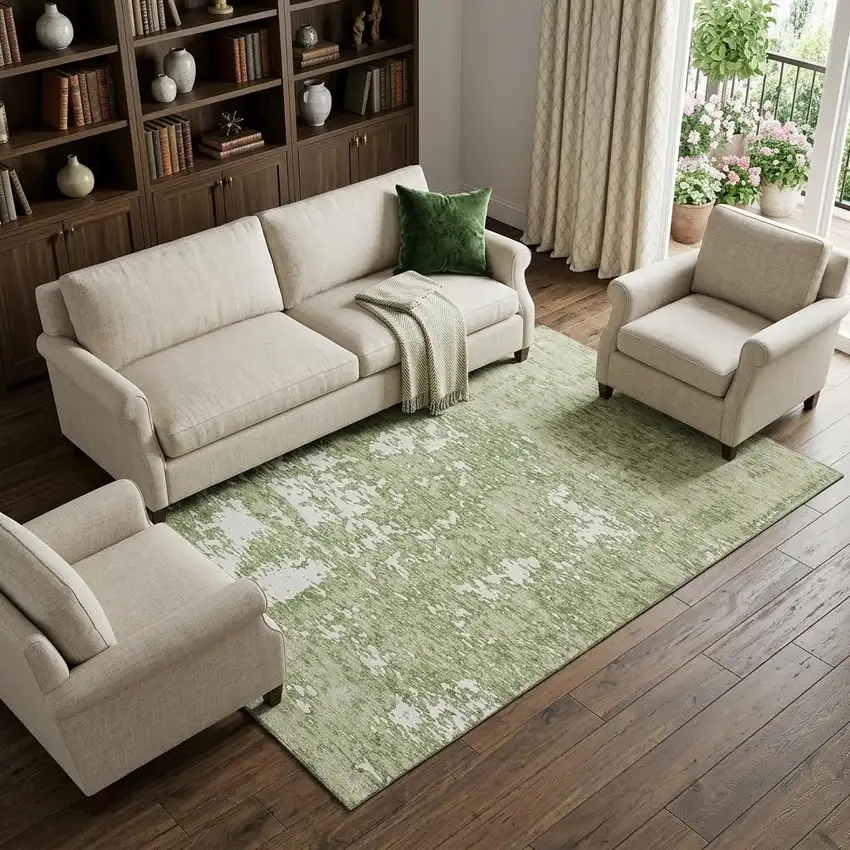 Artichoke Green And Ivory Abstract Washable Area Rug With UV Protection Photo 1