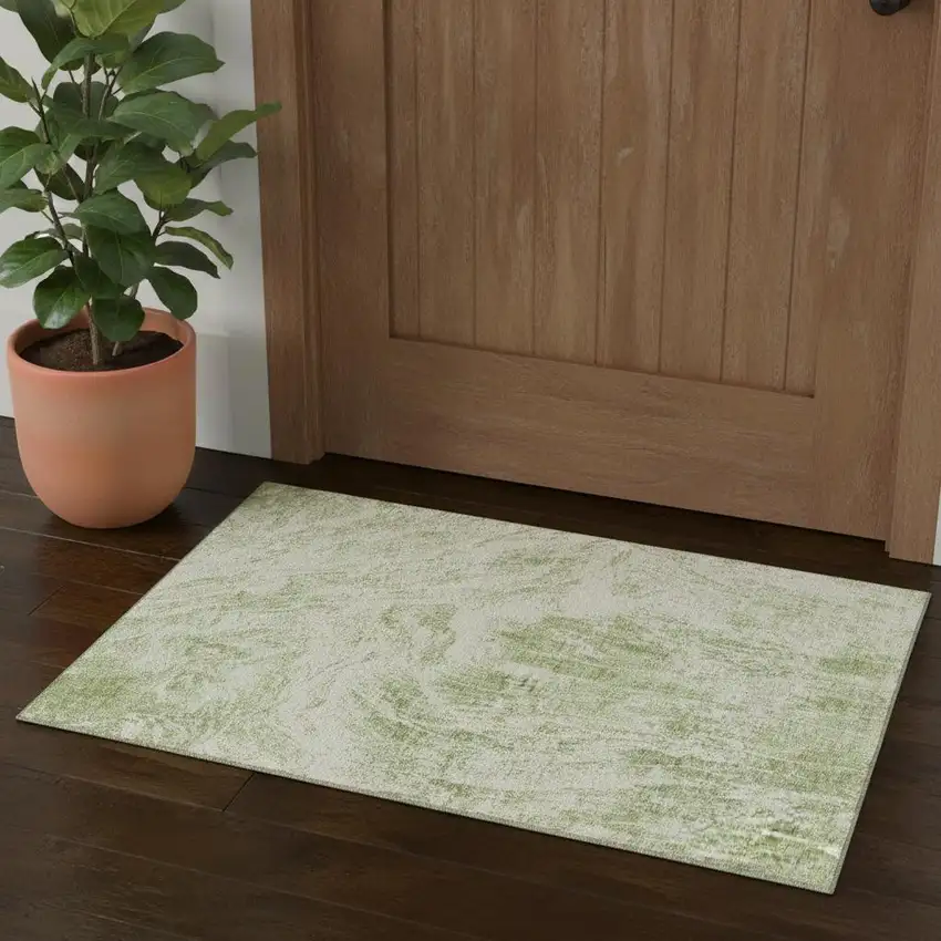 Artichoke Green And Ivory Abstract Washable Area Rug With UV Protection Photo 1