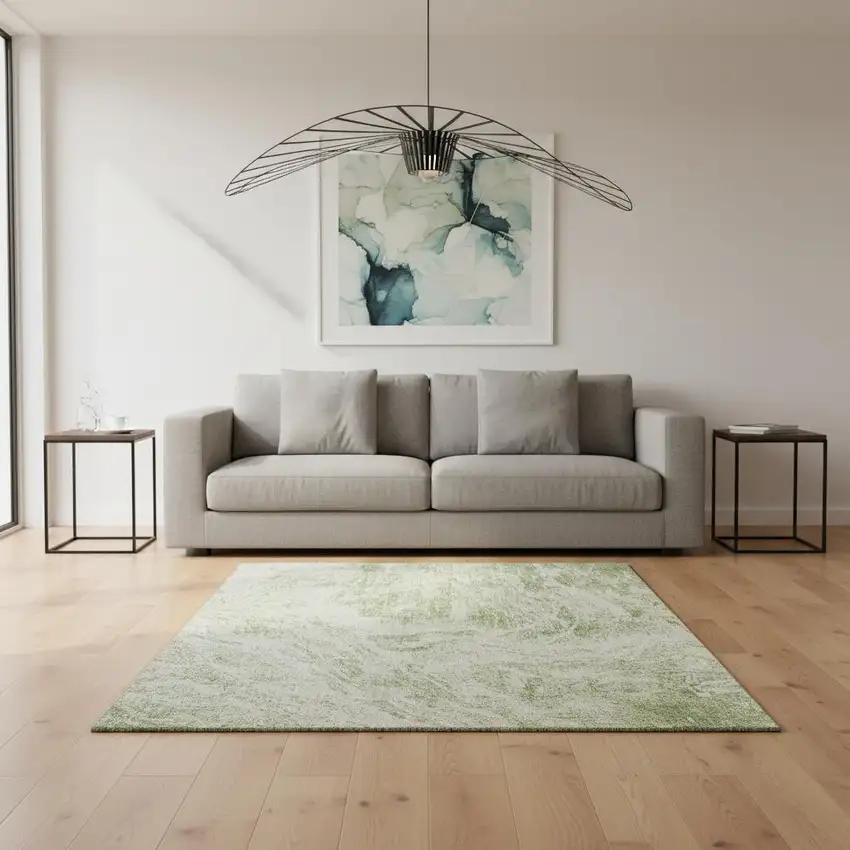 Artichoke Green And Ivory Abstract Washable Area Rug With UV Protection Photo 2