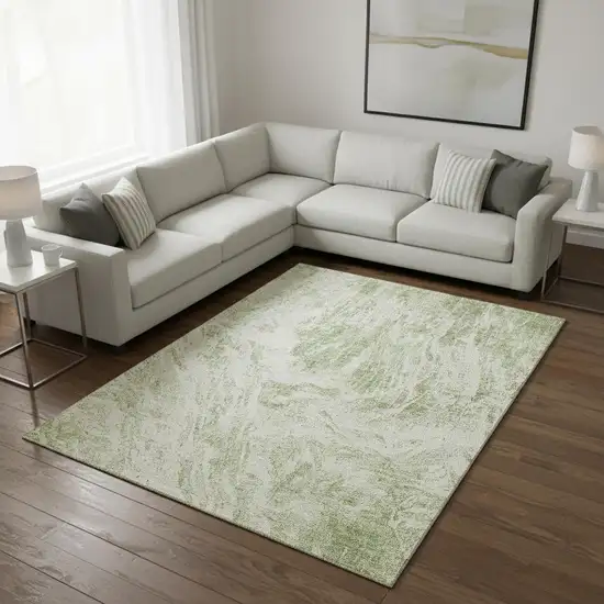 Artichoke Green And Ivory Abstract Washable Area Rug With UV Protection Photo 2
