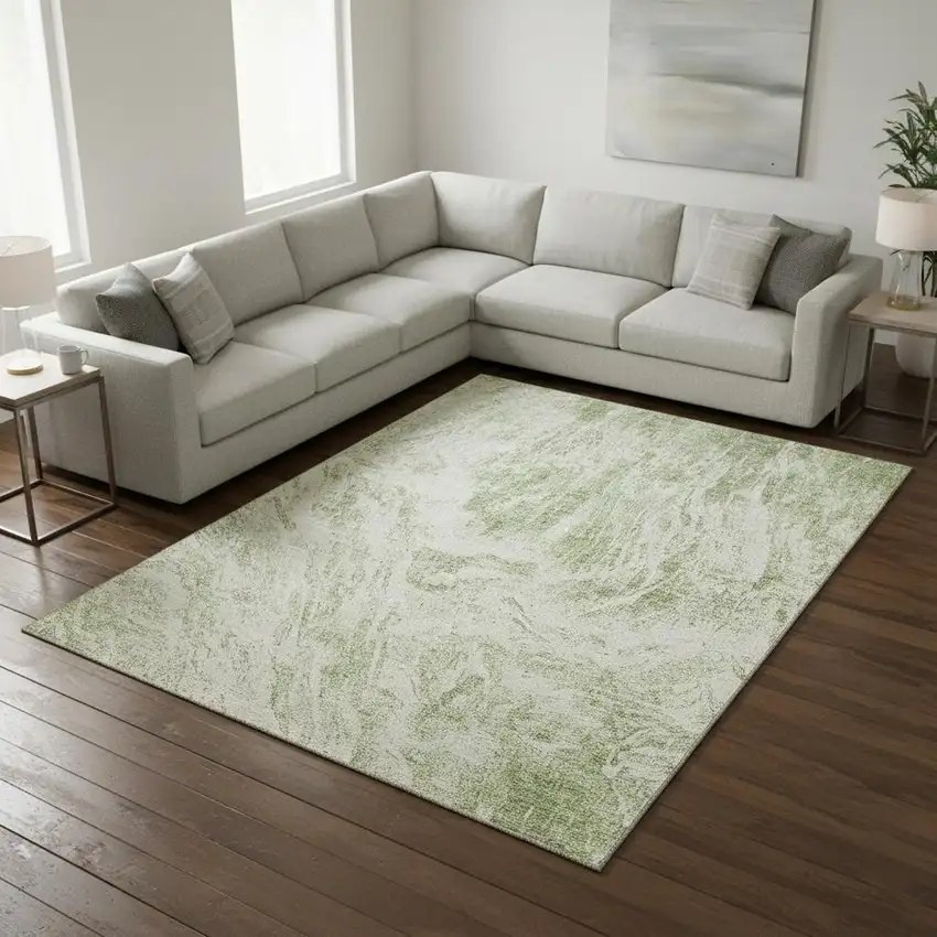Artichoke Green And Ivory Abstract Washable Area Rug With UV Protection Photo 2