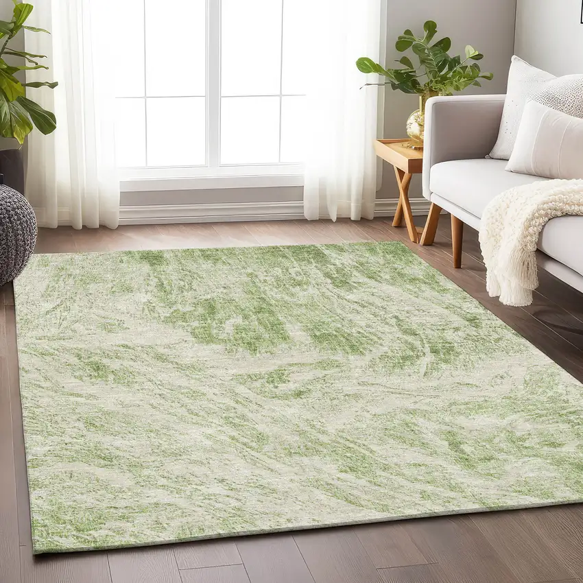 Artichoke Green And Ivory Abstract Washable Area Rug With UV Protection Photo 3