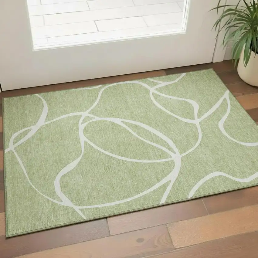 Artichoke Green And Ivory Abstract Washable Area Rug With UV Protection Photo 2