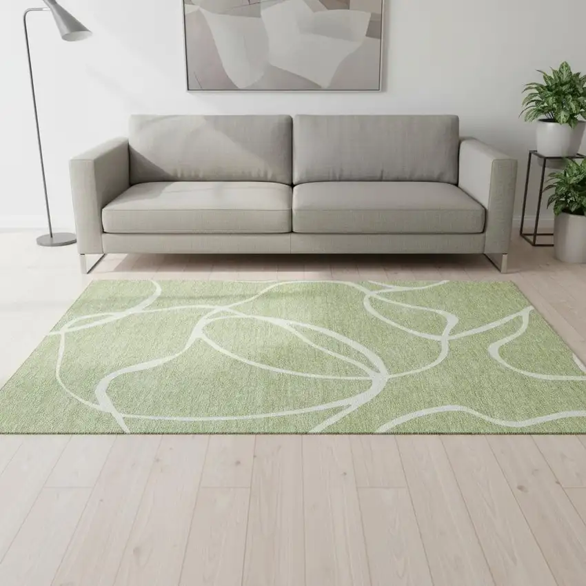 Artichoke Green And Ivory Abstract Washable Area Rug With UV Protection Photo 2