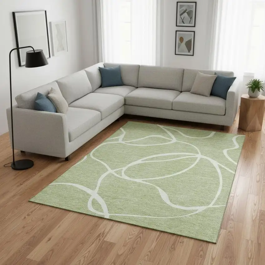 Artichoke Green And Ivory Abstract Washable Area Rug With UV Protection Photo 2