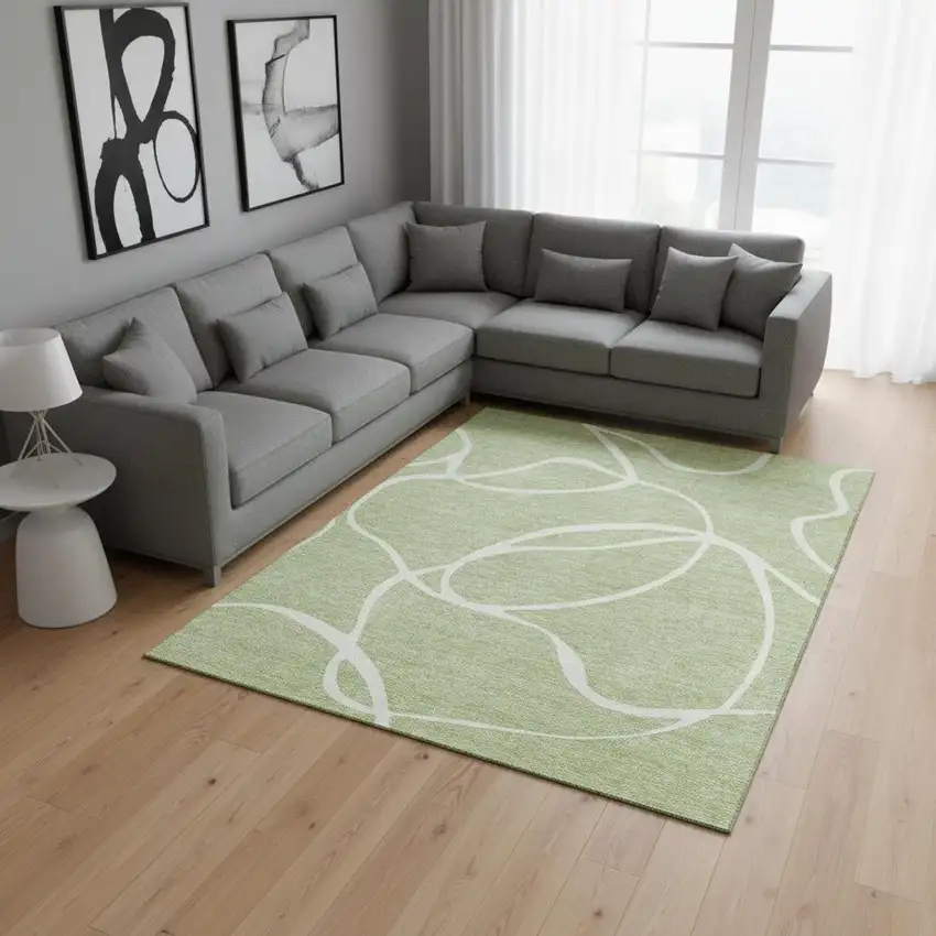 Artichoke Green And Ivory Abstract Washable Area Rug With UV Protection Photo 2