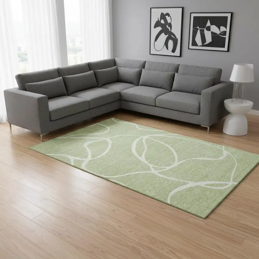 Artichoke Green And Ivory Abstract Washable Area Rug With UV Protection Photo 2
