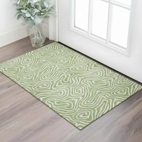 Artichoke Green And Ivory Abstract Washable Area Rug With UV Protection Photo 2