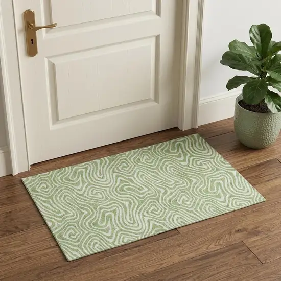 Artichoke Green And Ivory Abstract Washable Area Rug With UV Protection Photo 1