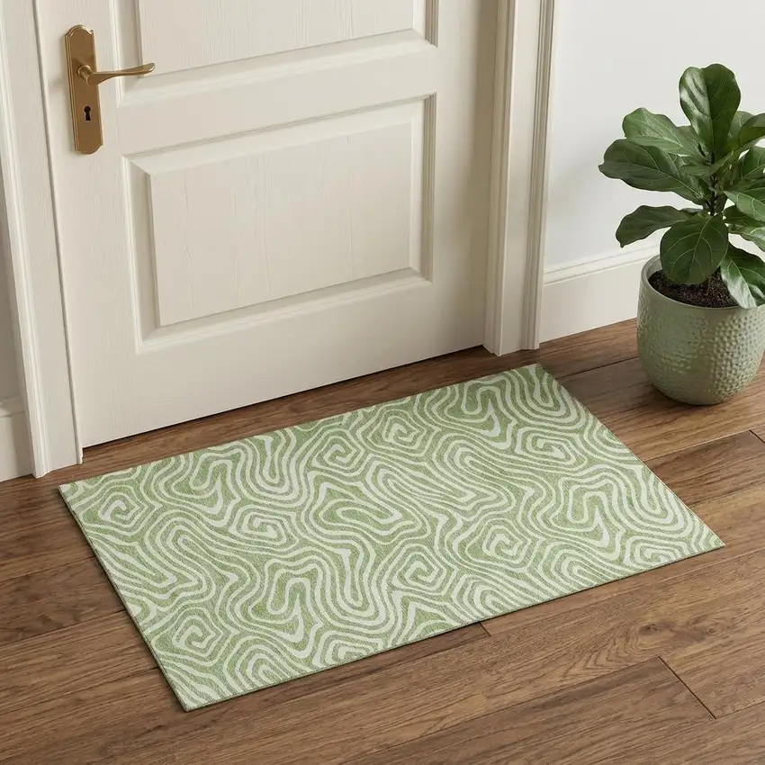 Artichoke Green And Ivory Abstract Washable Area Rug With UV Protection Photo 1