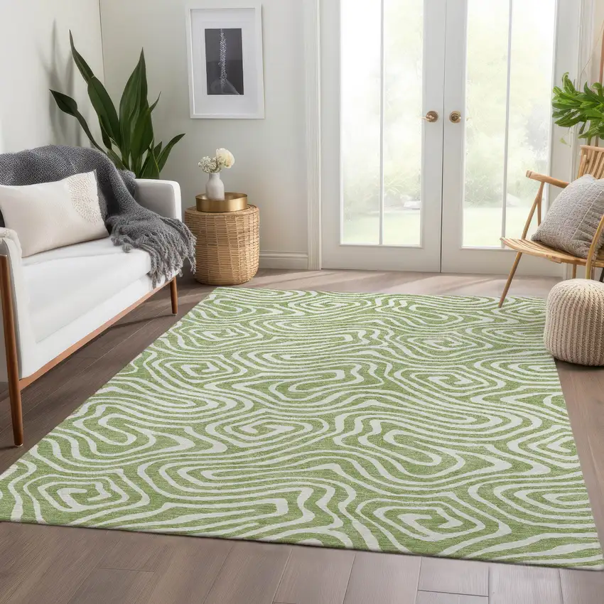 Artichoke Green And Ivory Abstract Washable Area Rug With UV Protection Photo 5