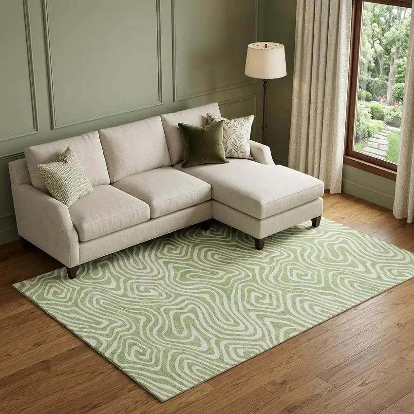 Artichoke Green And Ivory Abstract Washable Area Rug With UV Protection Photo 1